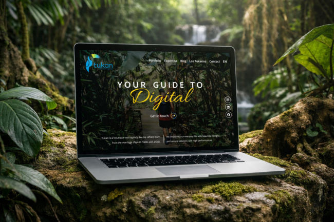 Laptop in jungle with web agency screen